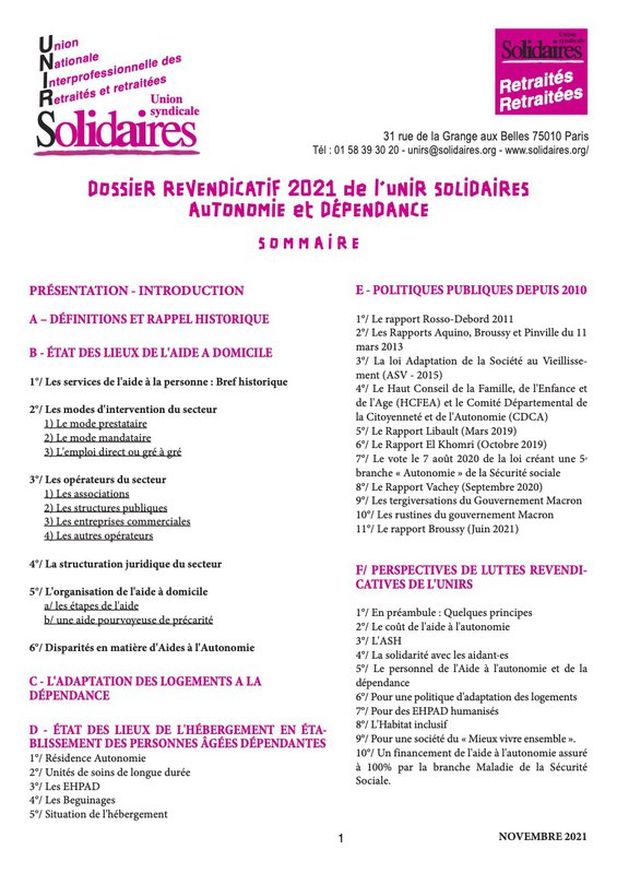 Cahier revendicatif Autonomie et dependance